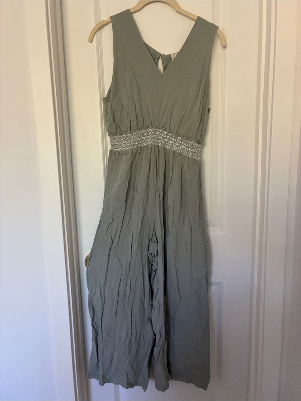 Japna Sage Green Sleeveless Smocked-Waist Jumpsuit